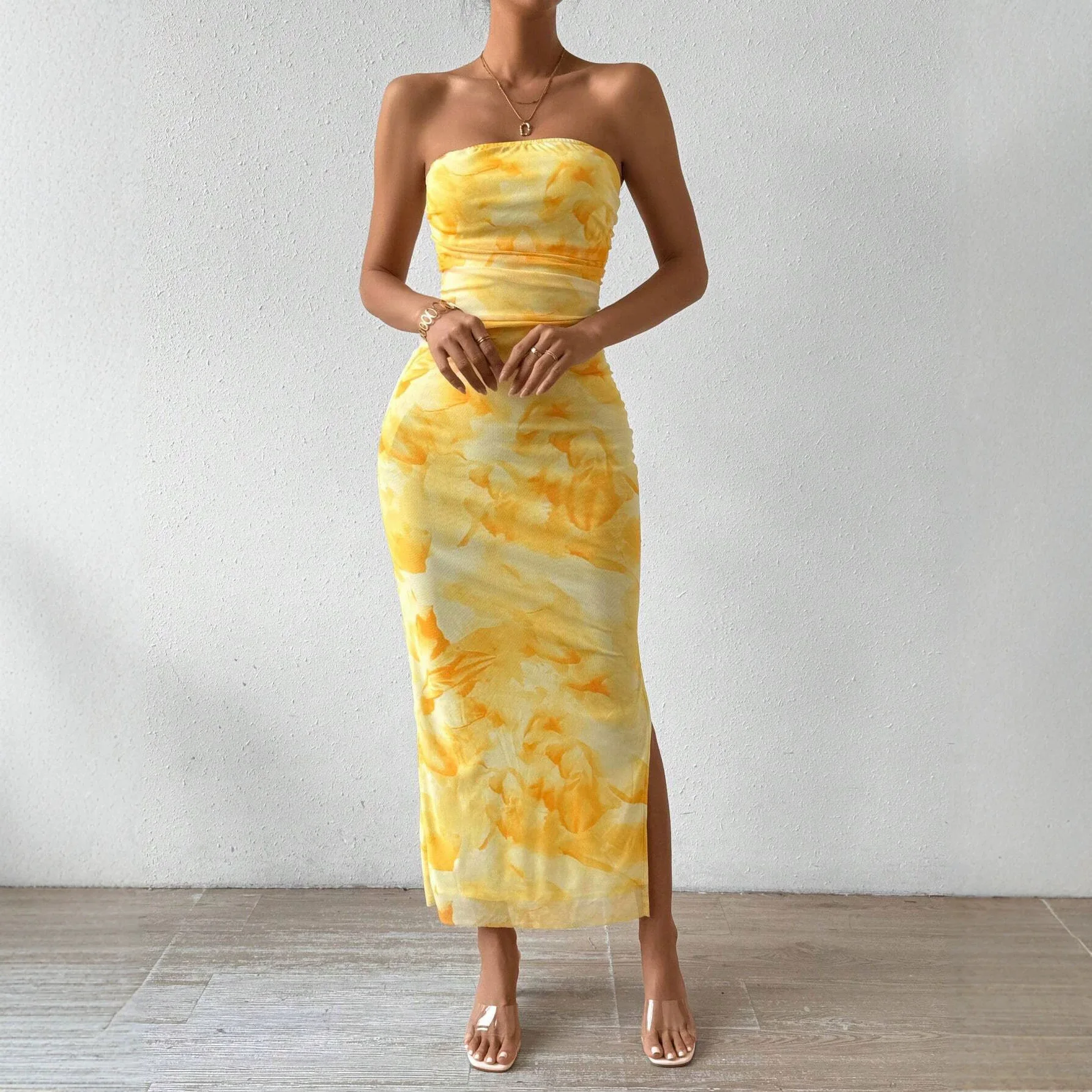 Women TK Mesh Print Dress Spring Summer New High Waist Slim Slit Strapless Bodycon Dress