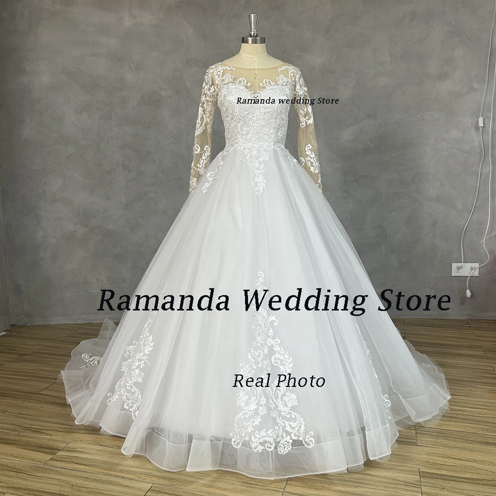 Ramanda Boho Lace Tulle Wedding Dress 2025 Princess A-Line V-Neck Long Sleeve Applique Illusion Backless Bridal Gown Customized