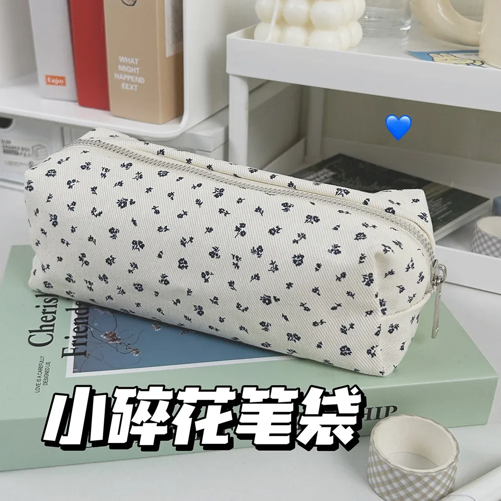 INS Floral Print Pen Bag Simple Cute Pencil Case Large Capacity Multifunctional Canvas Pen Box Desktop Stationery Organizer