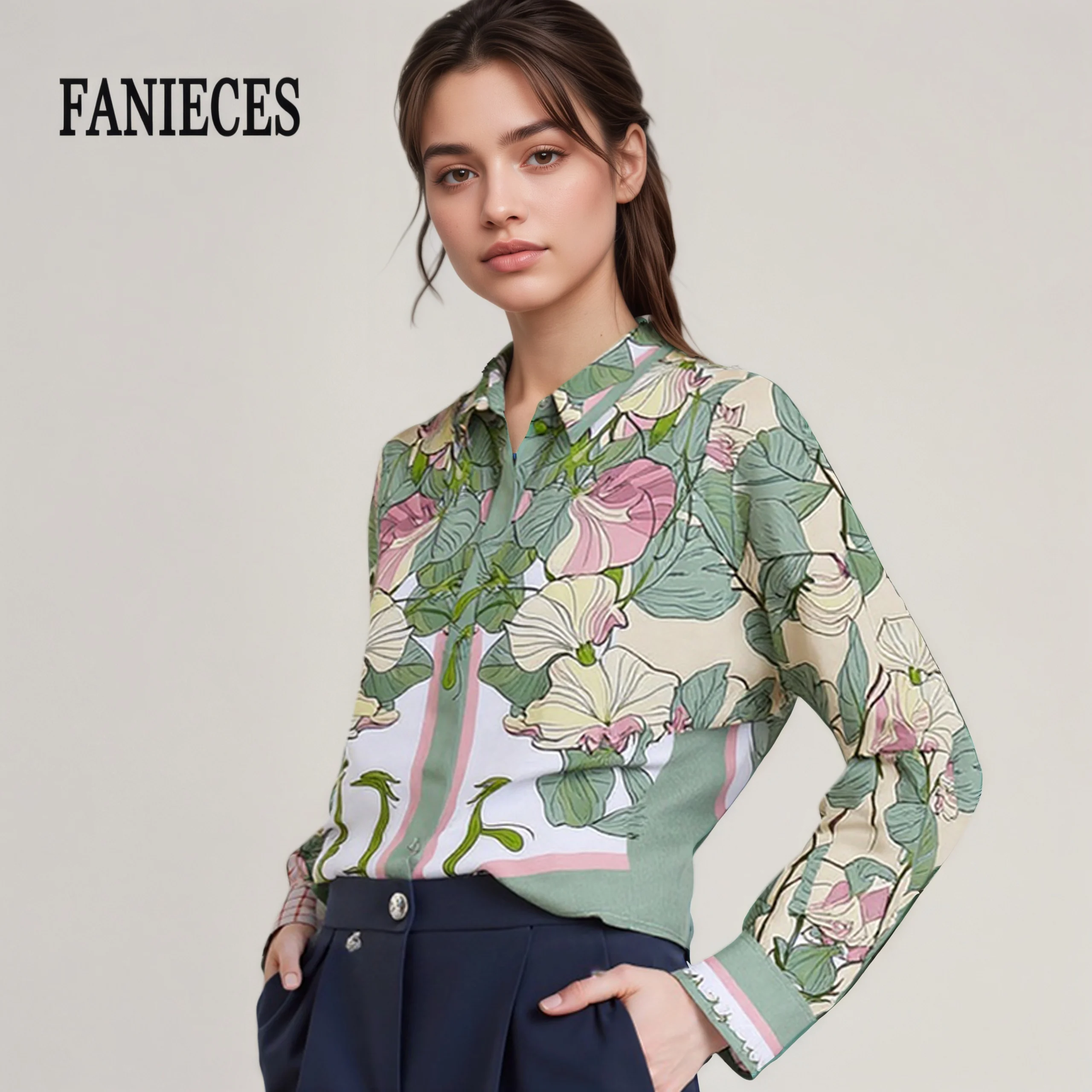 

Vintage Luxury Women Shirt Printed Long Sleeve Lapel Office Elegant Formal Tops Luxury Silk Soft Breathable Blouses Designer Blu