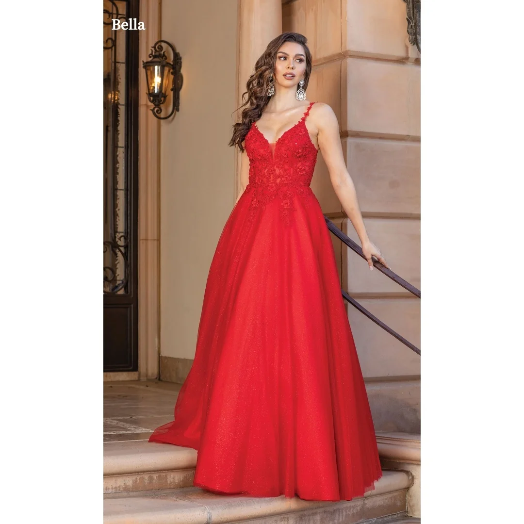 

Bella Red Spaghetti Strap V Neck Prom Dresses Lace Floral Applique Glitter Tulle A Line Floor Length Customized Formal Evening