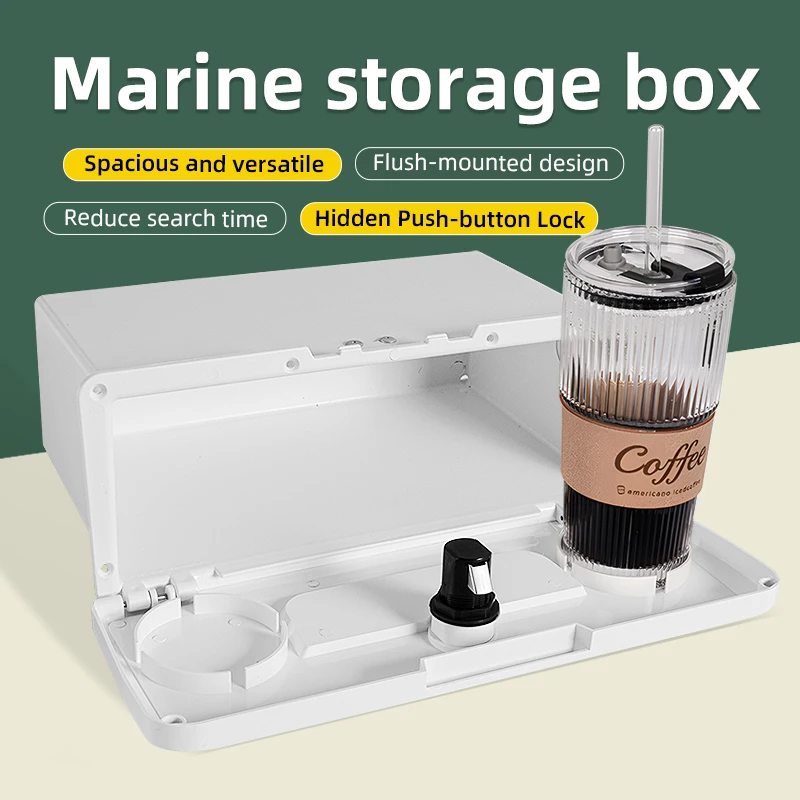 Marine Storage Box with Lock Embedded Yacht Glove Box Dashboard ABS Hidden Storage Box Upgrade Accessory with Fixed Cup Holder