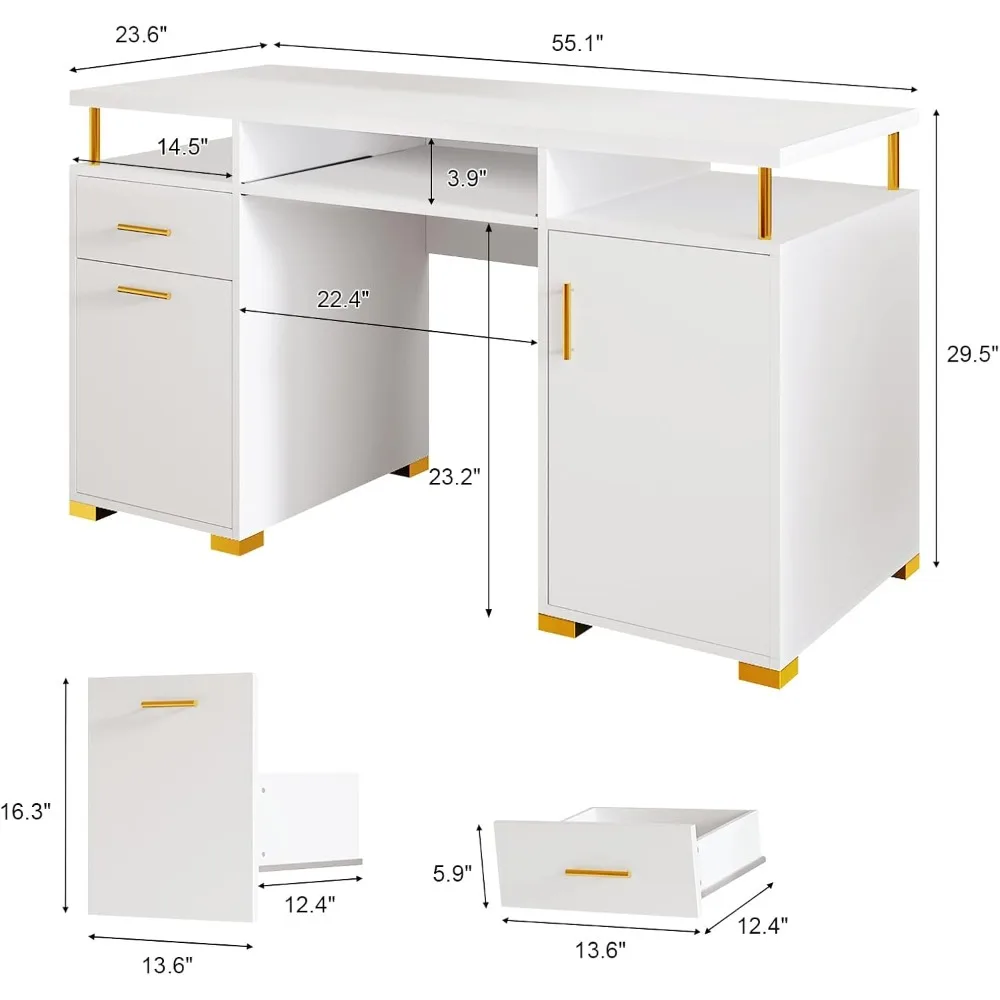 Mesa de manicure com 2 gavetas e armário, mesa de unhas branca e dourada de 55 polegadas para técnicos de unhas, prateleira móvel incluída