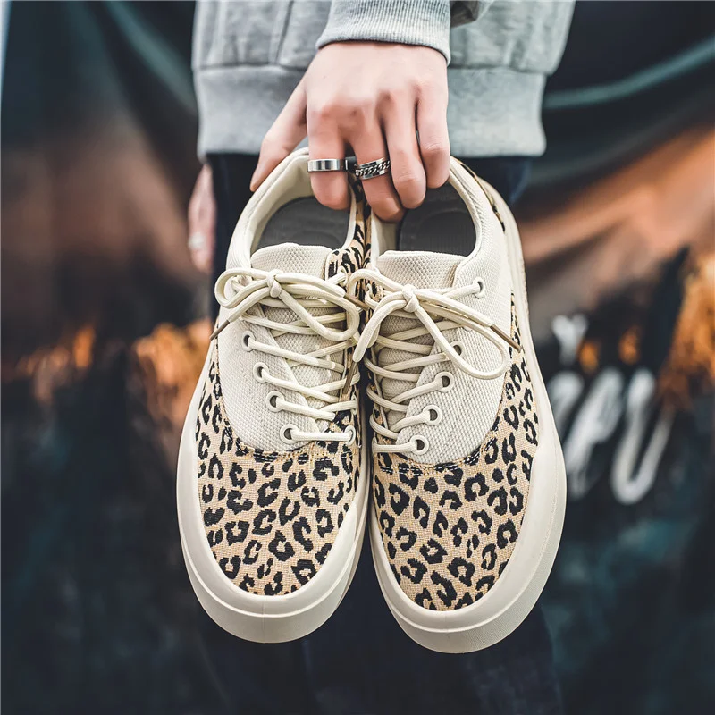 Fashion Trendy Leopard Platform Sneakers Men Chunky Canvas Shoes Men\'s Casual Sneaker Breathable Designer Skateboard Shoes Man