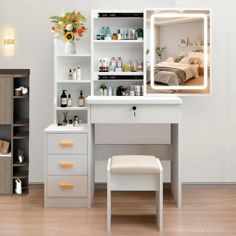 Vanity Desk with Mirror and Lights,  with Open Storage Shelves,Makeup Vanity Table for Bedroom,home.