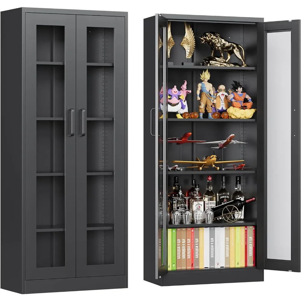 

Glass Display Cabinet with 4 Adjustable Shelves, 67”H Metal Curio Cabinets with Glass Door, Black Liquor Caninet Display Case fo
