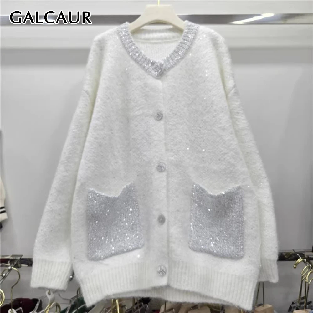 

GALCAUR однотонный минималистичный свитер с карманами, женский свободный свитер с v-образным вырезом и длинными рукавами, нежные повседневные женские свитера, модная осень