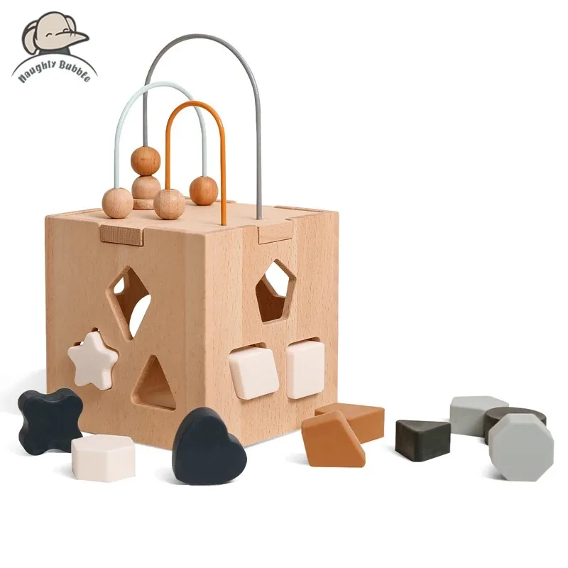 Caixa De Madeira Brinquedos De Combinação Para Criança, Bebê Montessori Puzzle, Jogo Educacional De Empilhamento, Blocos De Forma Geométrica De Silicone