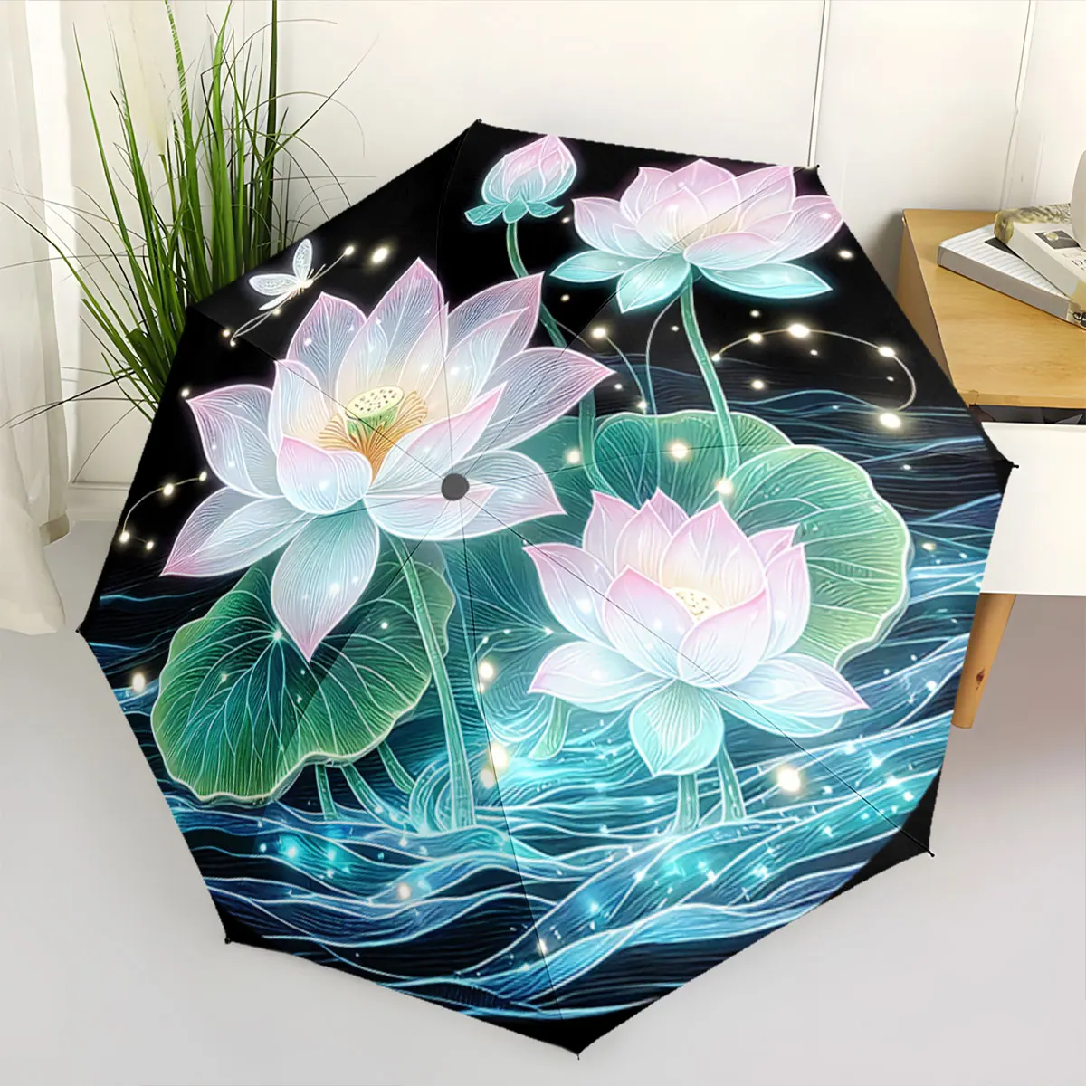 Glowing Lotus Flowers with Dragonfly on Night Background portable waterproof sun rain umbrella for outdoor travel beach