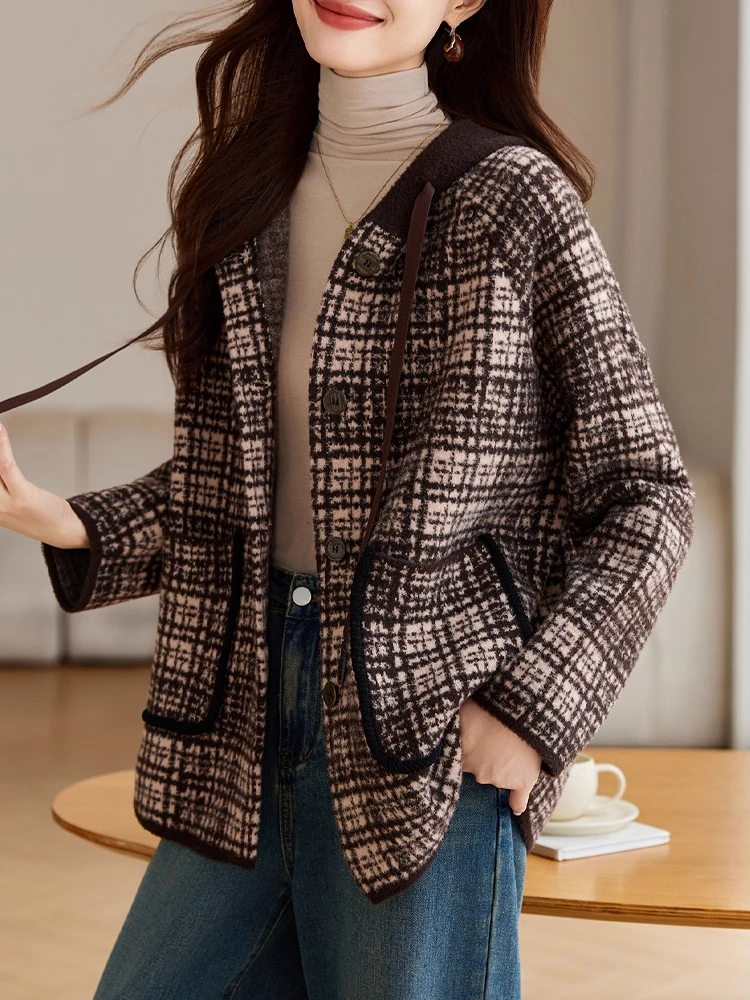 

Ladies Thiened Woolen Coat 2025 New Sle Autumn Winter Faionable Plaid Hooded Jaet Casual Loose Fit Warm Long Sve
