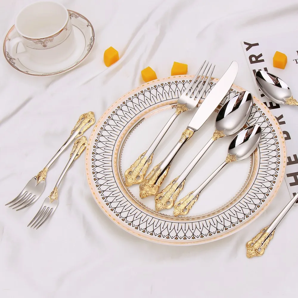 Vintage Flatware Set for 6 People, 24K Plated Stainless Steel, Hollow Handle Cutlery Set, Wedding Gift Dishwasher Safe