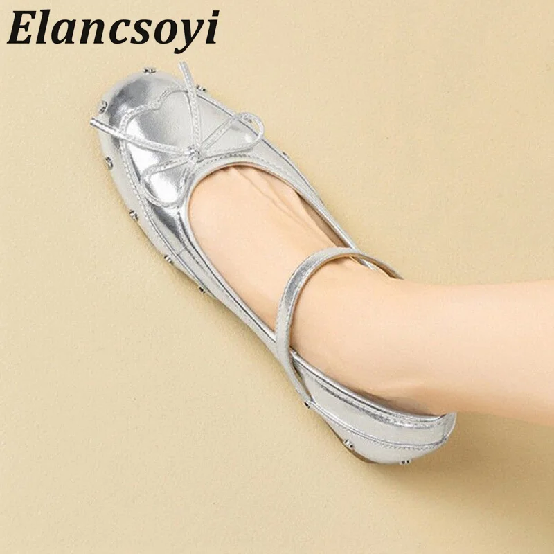 

New Patent Leather Round Toe Bow Crystal Decoration Flat Shoes Women's Sweet Mary Jane Shoes For Spring Casual Lazy Loafers