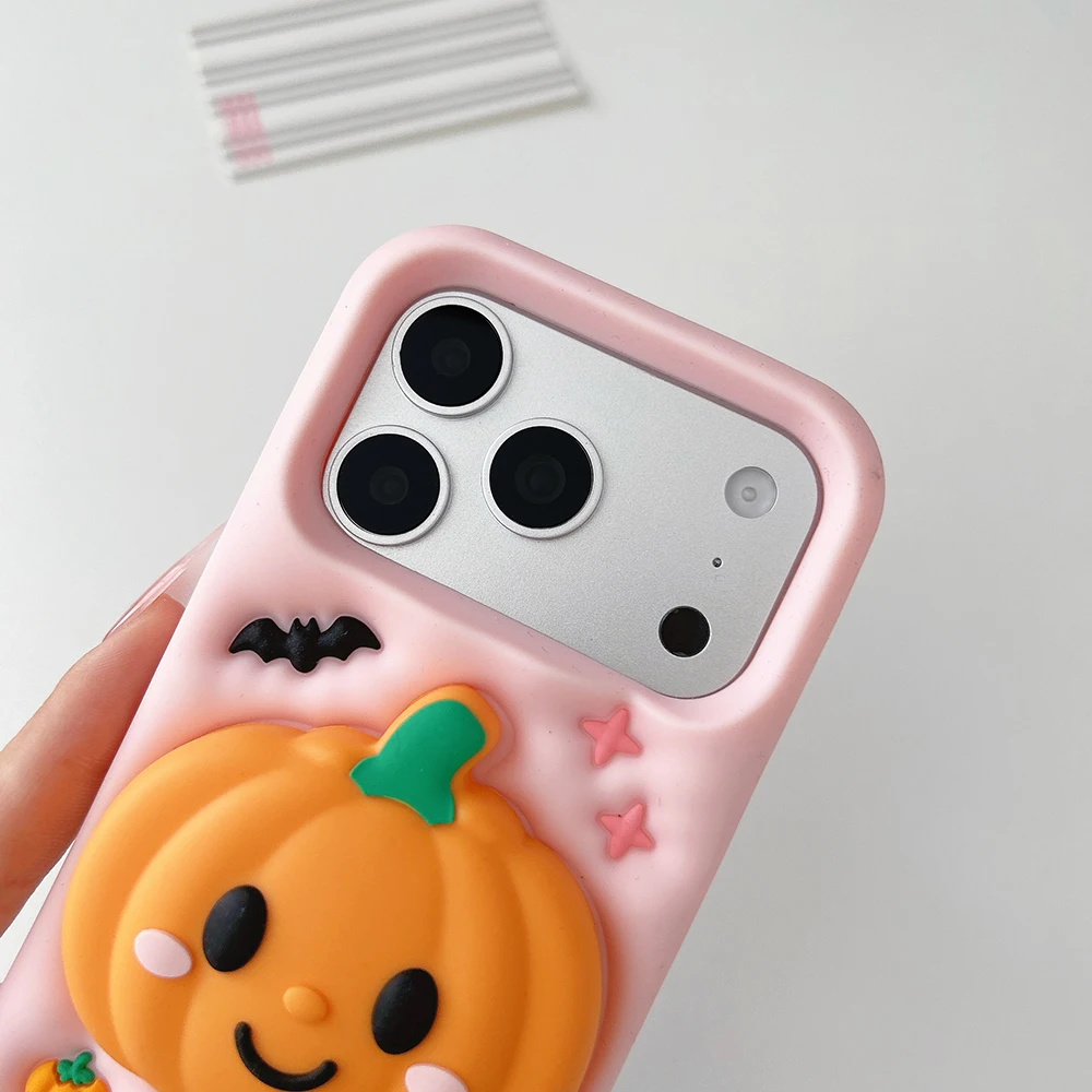 Niedliche 3D-Halloween-Kürbis-Handyhülle aus weichem Silikon für iPhone 18, 17, 16 Pro Max, stoßfest, mit integriertem Ständer, Schutzhülle. – Detail 5