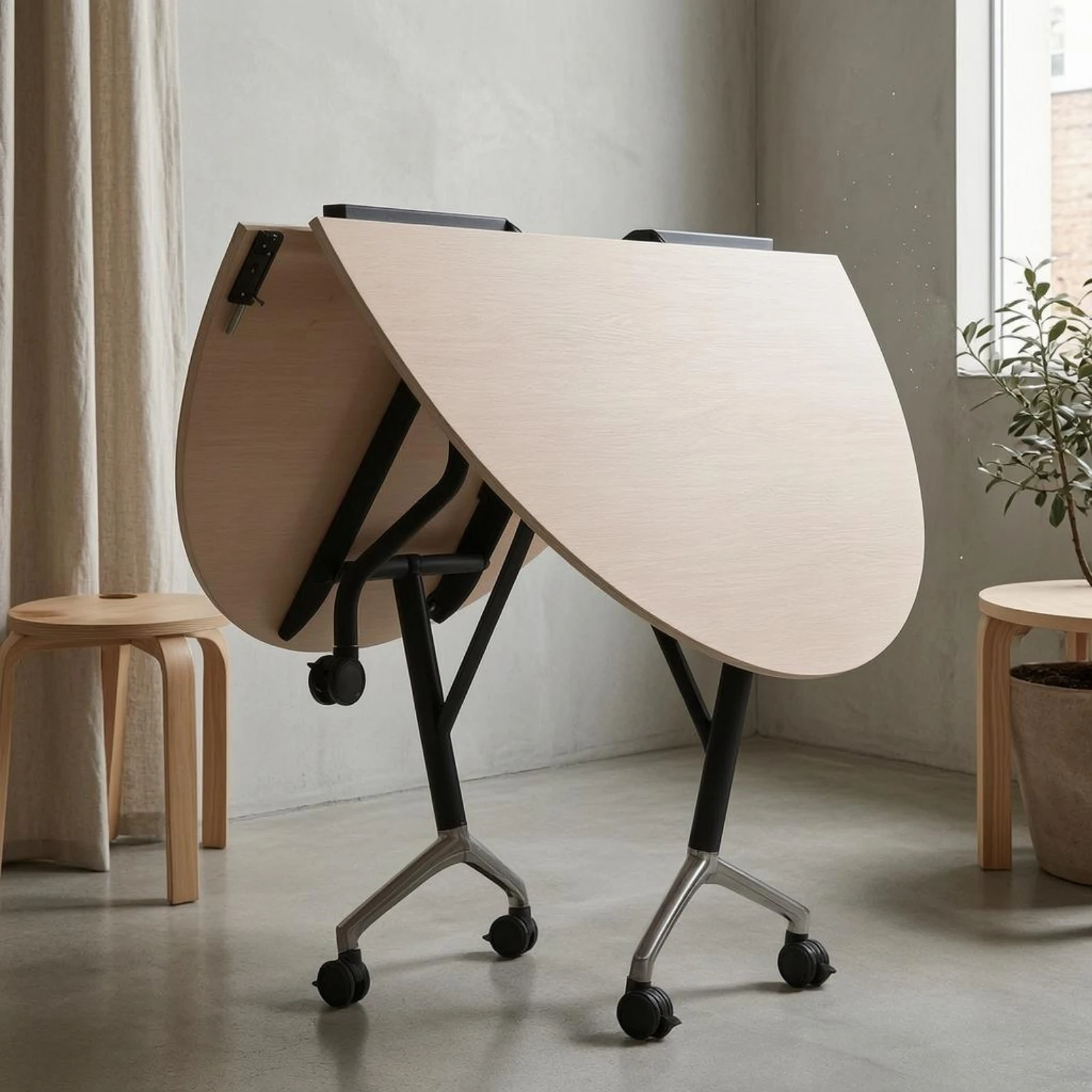 

Round Folding Table Wheeled Rolling Folding Table Event Furniture Compact Storage Smooth Finish