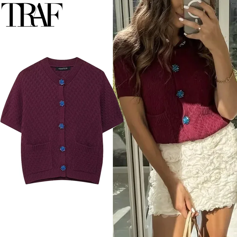 TRAF New Knit Cardigan For Women Autumn Short Sleeve Jewelry Button Jacket Elegant Cropped Sweaters Knitted Cardigan Woman 2024