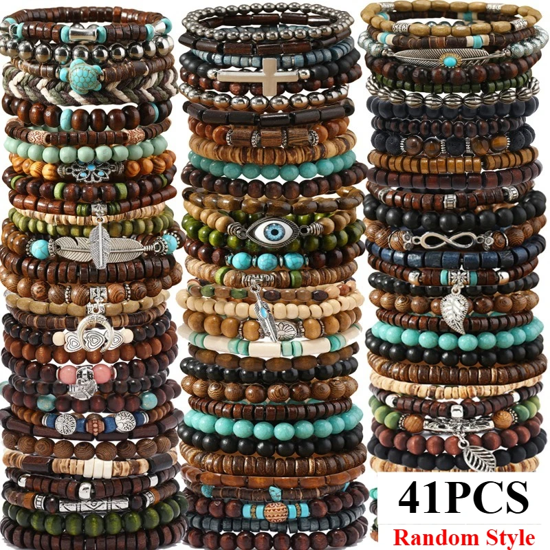 

41 шт., набор эластичных браслетов из натурального дерева с бисером для мужчин и женщин, браслеты с запахом, конопляные шнуры, деревянные бусины, этнические племенные браслеты