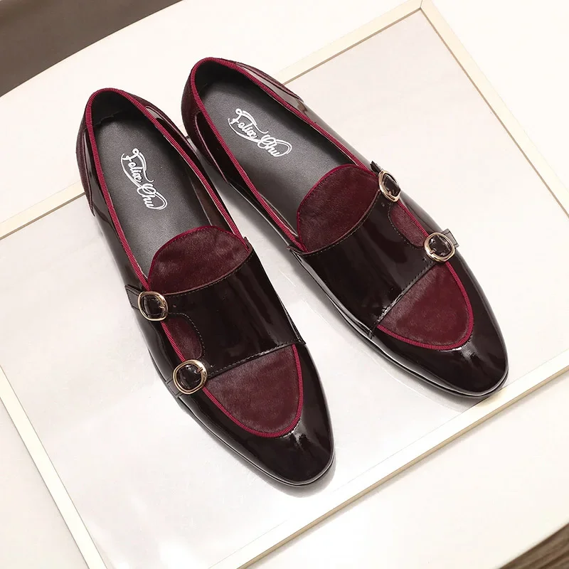 FELIX CHU Men\'s Patent Leather Monk Strap Dress Shoes Wedding Loafers Horse Hair Detail Casual Formal Party Gentlemen Footwear