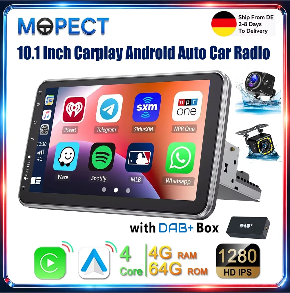 1DIN MP5 10,1 Zoll Android 16 4 64 CarPlay Auto-Radio mit externem Mikrofon, GPS-Navigation, Bluetooth, FM, RDS, WiFi, USB, MP5-Player