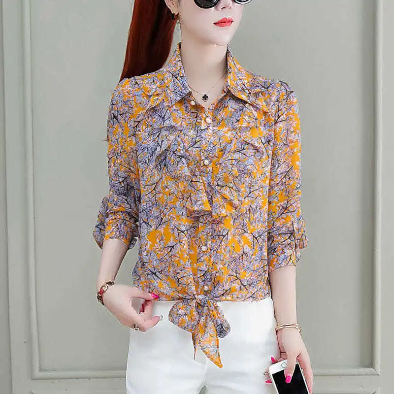 Women\'s Floral Chiffon Shirt, Casual, All-Match, Turn-down Collar, Long Sleeve, Thin Tops, Simplicity, Autumn Fashion