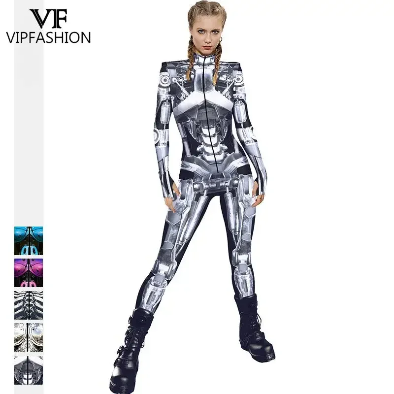 VIP Moda Halloween Robot Punk Esqueleto Impresso Cosplay Trajes para Mulheres Sexy Zentai Bodysuit Macacões de Carnaval, Vestido extravagante