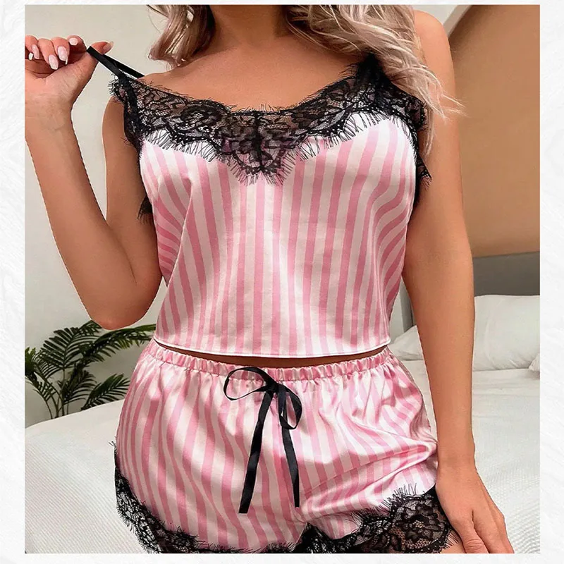 2PCS/Set Women Pyjamas Halter Vest Shorts Europe Solid Striped Ladies Lace-Up Fashion Sexy Lace Suspenders Soft Casual Homewear