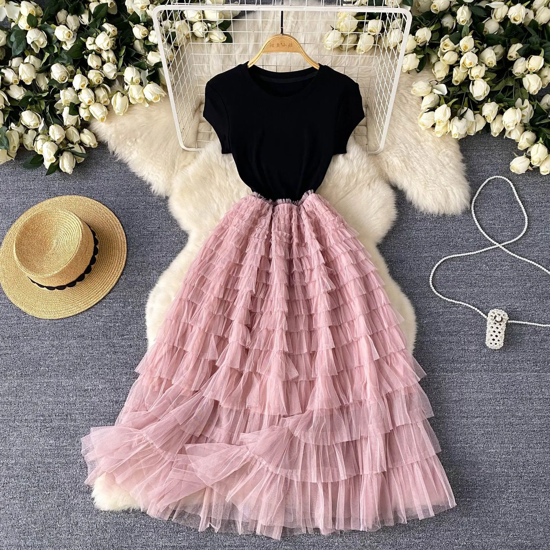 American European Style New Fashion Summer Women's Mesh Spliced Short Sleeve O-neck Dresses Casual Trendy Elegant Dresses Female