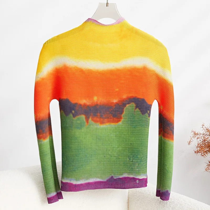 

Miyake Series Pleated T-Shirt Top Women Long Sleeve Lightweight Half-High Neck Base Layer Slim-Fit Pullover Wrinkle-Free women's