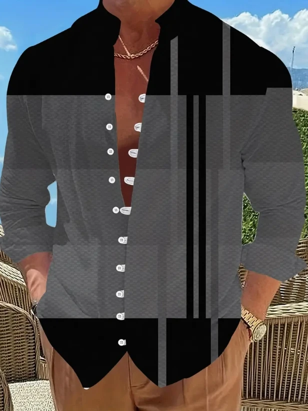 Men's standing collar long sleeved shirt is fashionable, comfortable, and casual