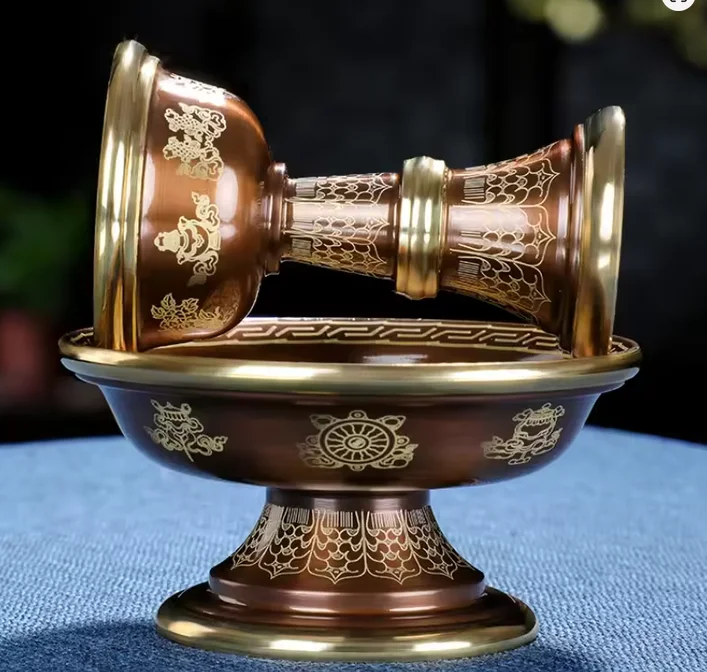 Copper gilt Eight auspicious Dharma cup Tibet buddhism Worship dharmapala tray