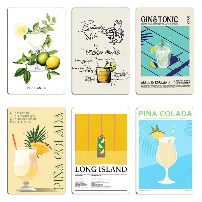 Placa de Metal Decorativa Estilo Bartender Pisco Sour Gin e Tônica - Arte de Parede Clássica para Cozinha - Pôster de Lata com Design Exclusivo