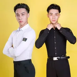 White Men Latin Dance Shirt Clothes Long Sleeve Standard Modern Ballroom Tops Performance Waltz Practice Dancewear Costumes