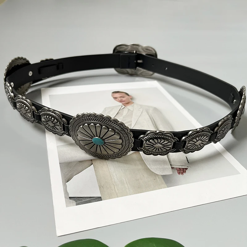 bohemianスタイルの女性用金属合金ベルトバックル付き合成皮革ベルト