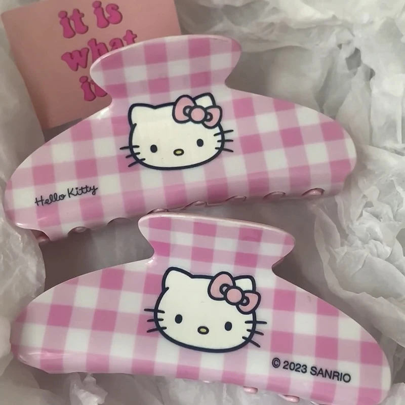 Sanrio HelloKitty 10.7cm Checkered Hair Clip Women Cute Melody Cinnamoroll Hair Claw Girl Kuromi Hairpins Kids Birthday New Gift