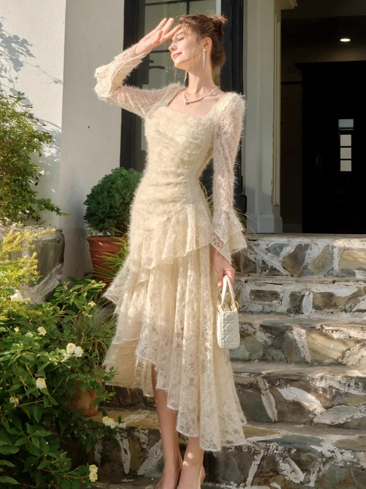 

Women Vintage Fuzzy Lace Party Dress Autumn Ruffles Long Sleeve Squaer Neck Slim A-line Evening Prom Mujer Wedding Guest Dresses