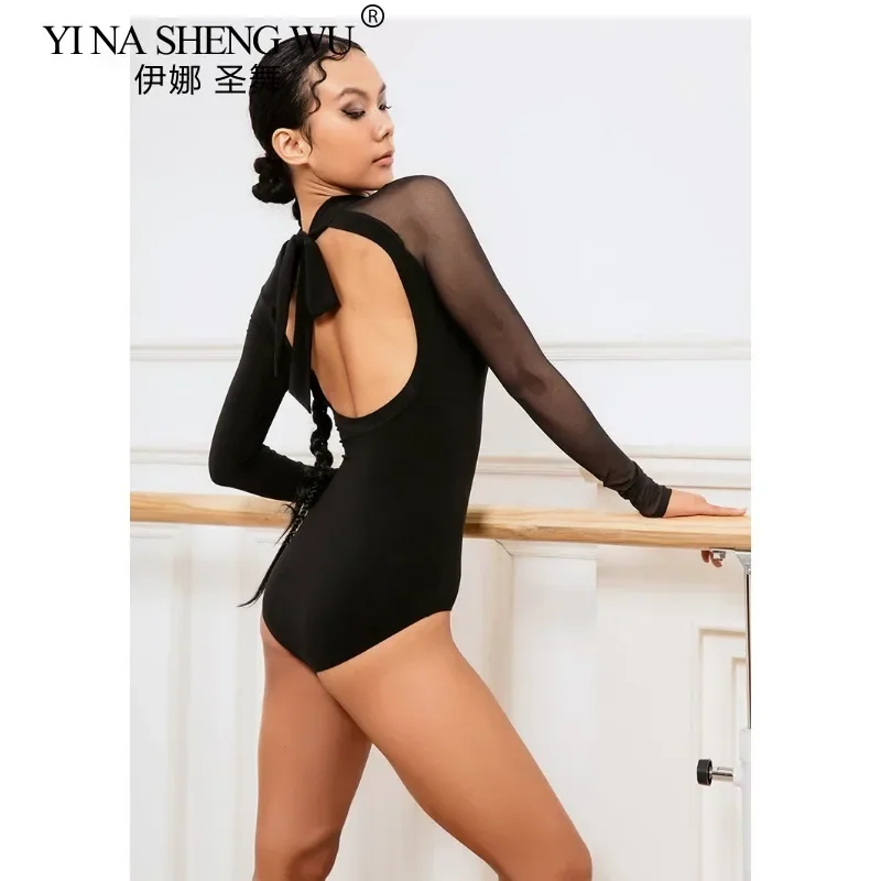 

Женские топы для латинских танцев, черное сетчатое боди с длинными рукавами и открытой спиной, костюм для сальсы-ча, одежда для танцевальной практики для взрослых