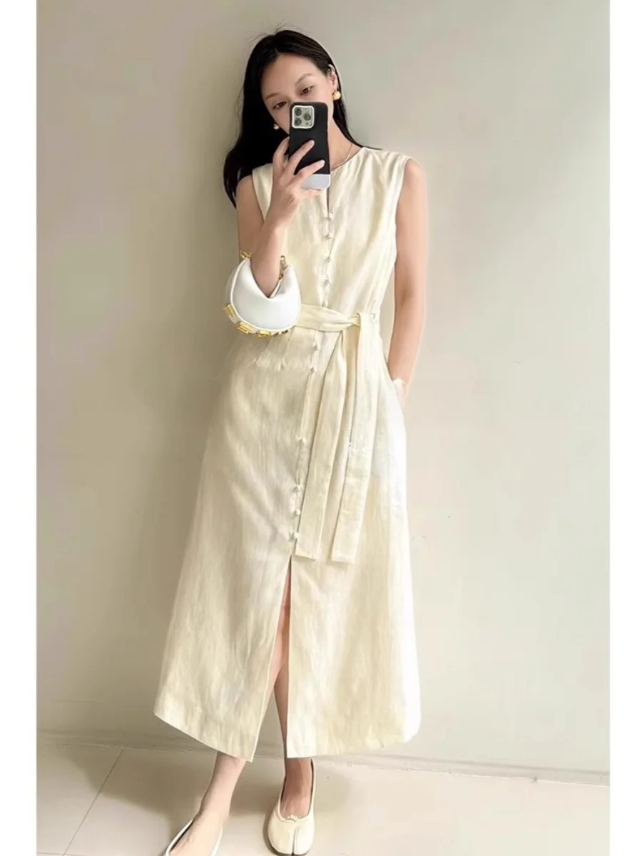 

Rouje Kefss Linen High End Elegant Long Dress Cotton Linen Sleeveless Dress Summer Vintage Style for Women in Their 20s And 30s