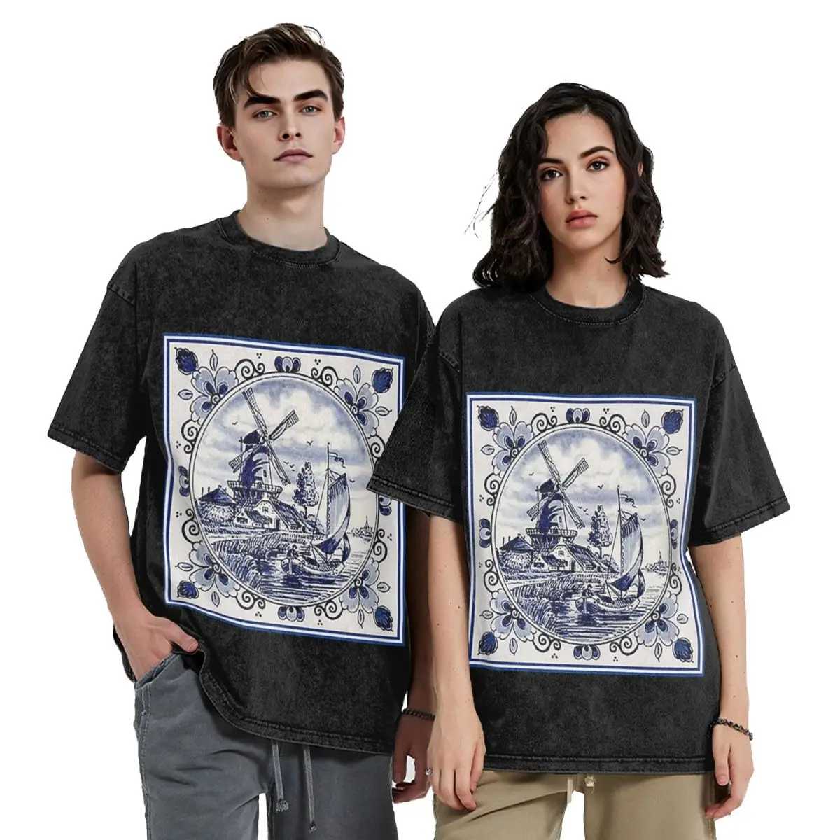 Streetwear T-Shirts Dutch Blue Delft Vintage Windmill Print Washed T Shirt Short Sleeve Hip Hop T-Shirt Tops Tees for Men Women view 3