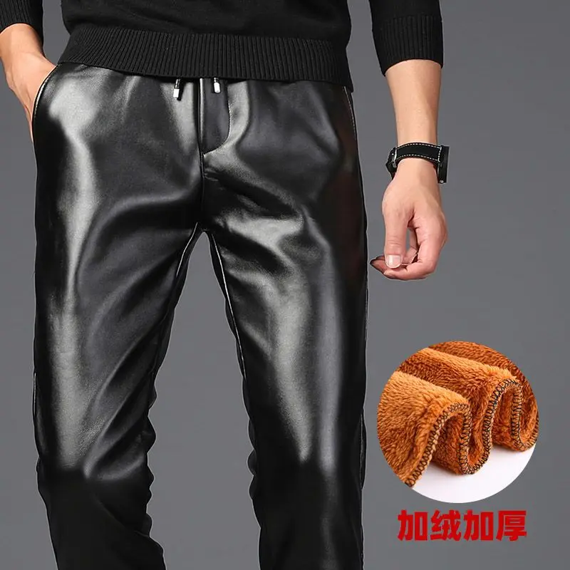 

PU Leather Pants Men Stretch Slim-Fit Winter Thick Fleece Waterproof Trousers WindProof Black Motorcycle Elastic Waist Trousers