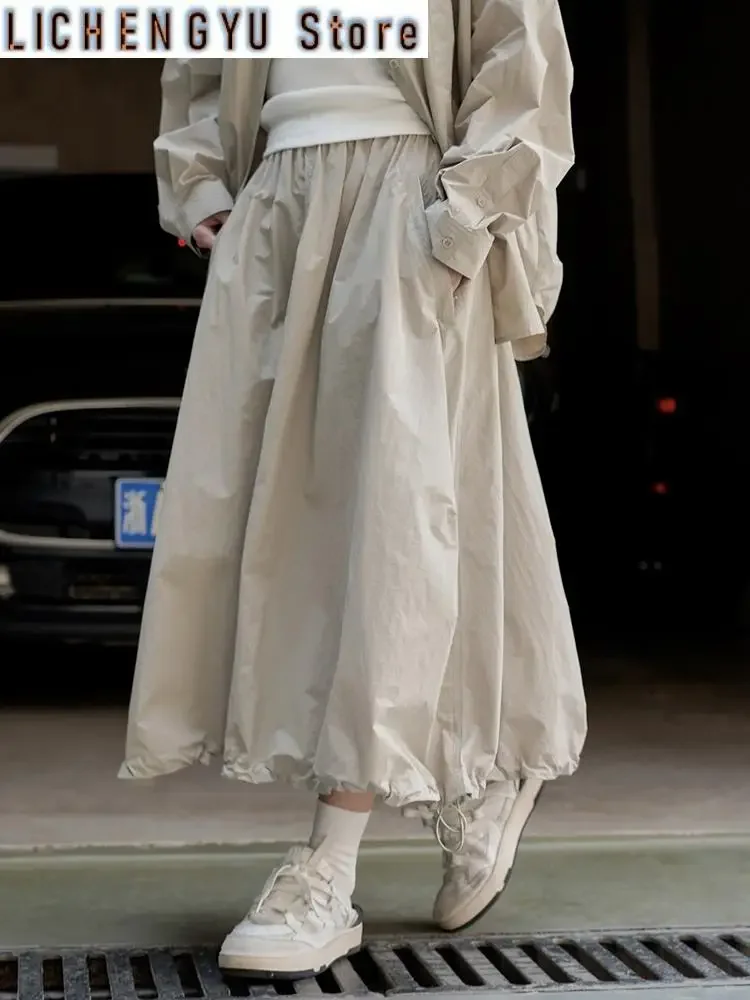 High Elastic Waist Loose Fit Khaki Drawstring Casual Half-body Skirt Women Fashion Tide New Spring Autumn