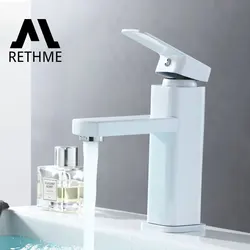 RETHME White Bathroom Sink Faucet Square Basin Faucet Hot & Cold Water Mixed Water Faucet Vanity Tap Deck Mounted Washbasin Tap