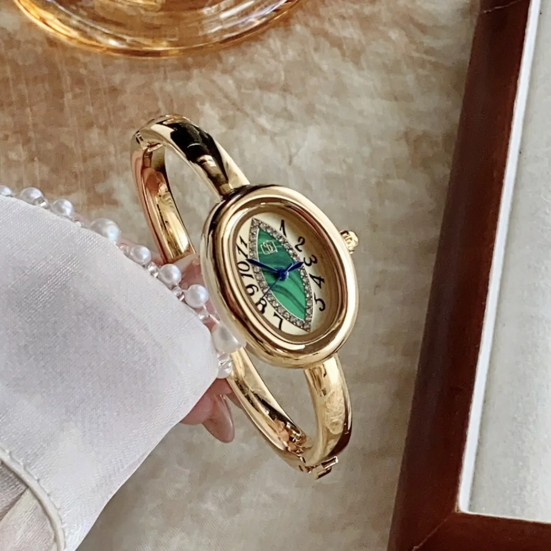 Pulsera de marca, brazalete, reloj dorado, esfera ovalada, relojes de pulsera de regalo para mujer y niña, relojes de cuarzo con correa de acero inoxidable para mujer