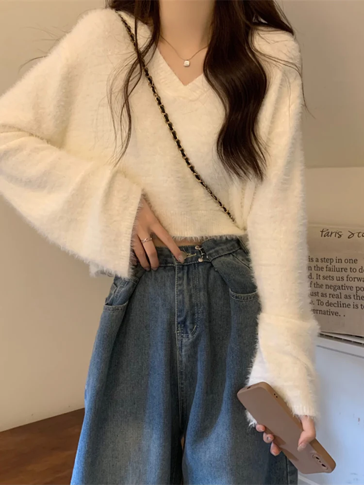 

White V-Ne Mink Knit Base irt Women's ort Sle Inner Wear Outerwear Suitable Spring Autumn Winter High-End Sweater Top