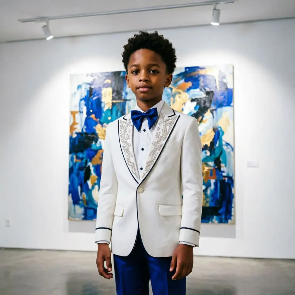 Boy Suits Ivory Luxury Beaded Slim Fit 2 Pieces Custom Wedding Mix Match Child Contrast Trim Flap Pockets Prom Choir Stage Wear