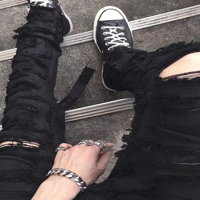 High Street RO Style Jean Pants Men's  Double Layered Large Destructive Knife Cut Erosion Denim Wax Pants Dark High Street Pant