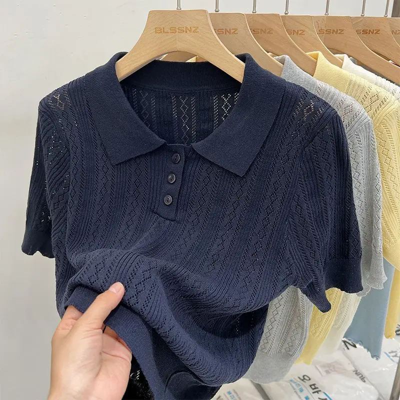Matakawa Solid Knitted T-shirts Hollow Out Thin Spring Summer Sweet T Shirt for Women Korean Fashion Elegant Ropa De Mujer image 3