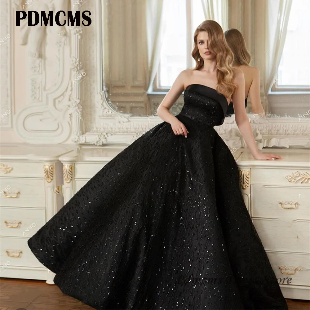 

PDMCMS Simple Black A Line Matte Satin Shiny Sequined Evening Dresses Wedding Photoshoot Strapless Prom Gowns Formal Party Dress