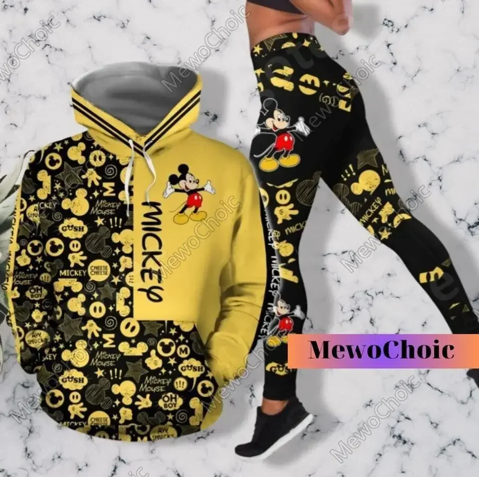 Yeni Disney Mickey Mouse 3D Hoodie kadın Hoodie Yoga pantolon seti Disney Mickey Yoga Sweatpants Hoodie moda spor elbise