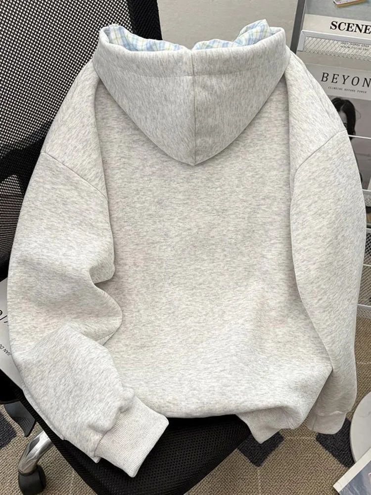 Fall Cartoon Cute Hoodies Women Vintage Long Sleeve Kawaii Preppy Style Sweatshirts Plaid Lace Up Patchwork Female Japan Tops