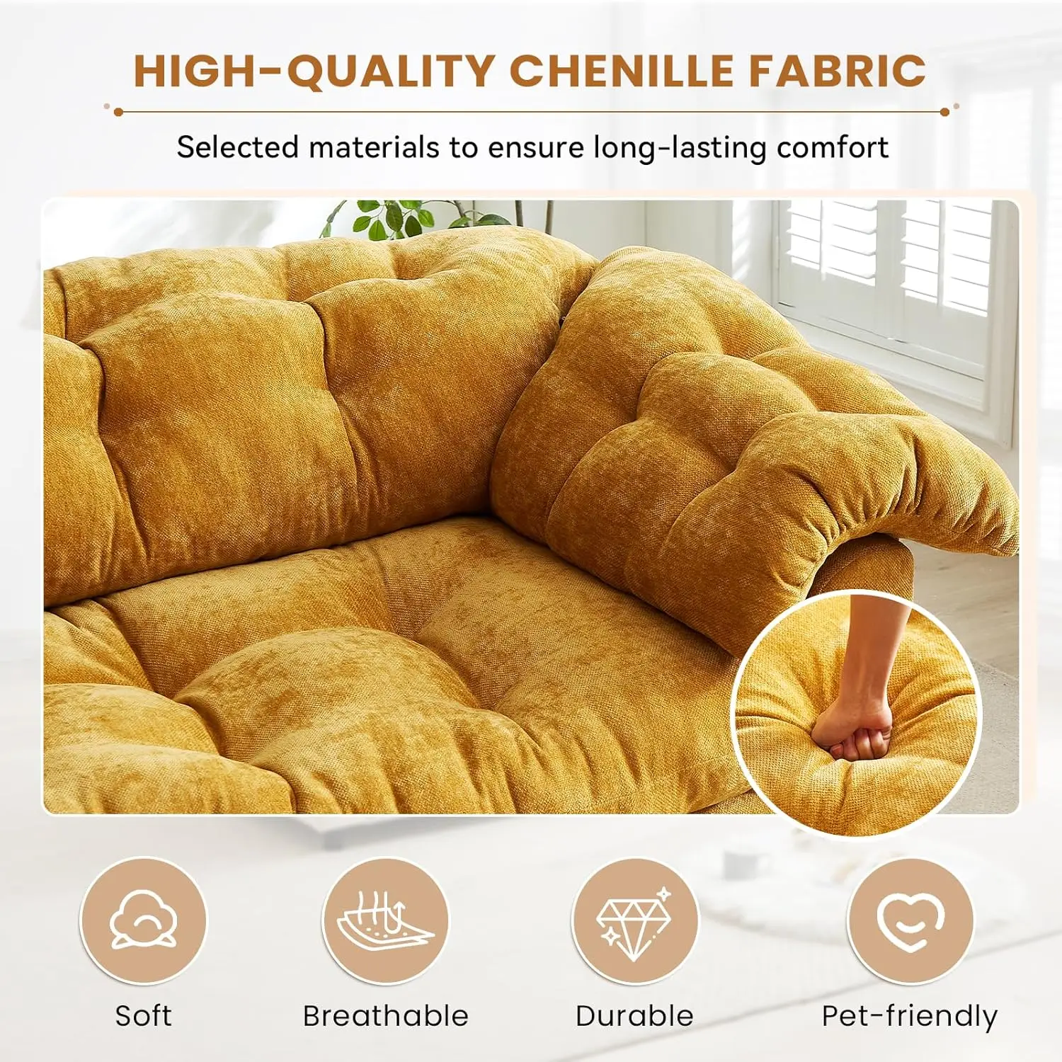 Sofá de 3 lugares, 94,8 polegadas, moderno, confortável, tufado, tecido de chenille, nuvem, espuma macia, assento profundo, sofá de loveseat macio para