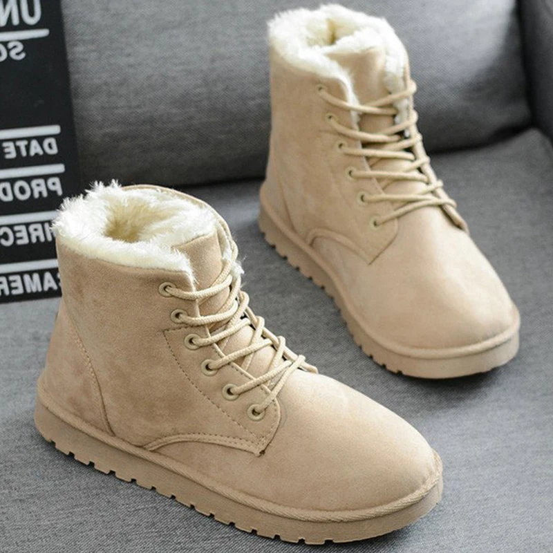 Smile Pop Winter New Flat Snow Boots Comfortable Warm Velvet Plush Cotton Shoes Round Toe Snow Boots Lace-up Short Boots Women